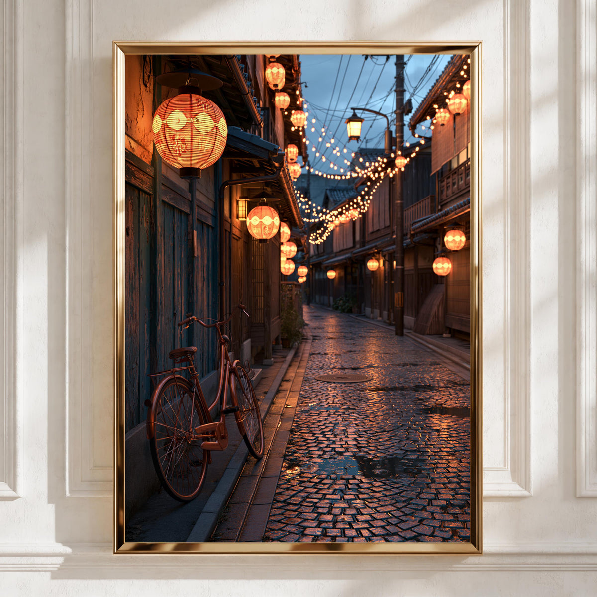 Kyoto Street Night Poster, Japanese Lanterns, Bicycle Wall Art Print