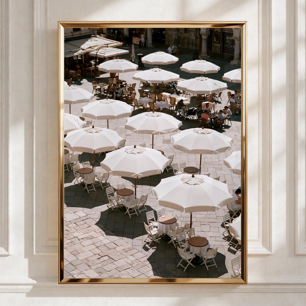 Italian Piazza White Umbrellas Wall Art Poster, Mediterranean Cafe Print
