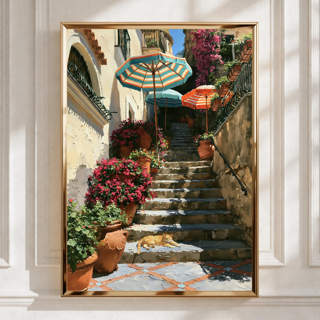 Cat on Positano Steps Poster, Italian Amalfi Coast Wall Art, Oil Painting Style