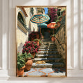 Cat on Positano Steps Poster, Italian Amalfi Coast Wall Art, Oil Painting Style