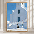 Cat & Seagulls Greek Church Poster, Santorini Wall Art, Mediterranean Print