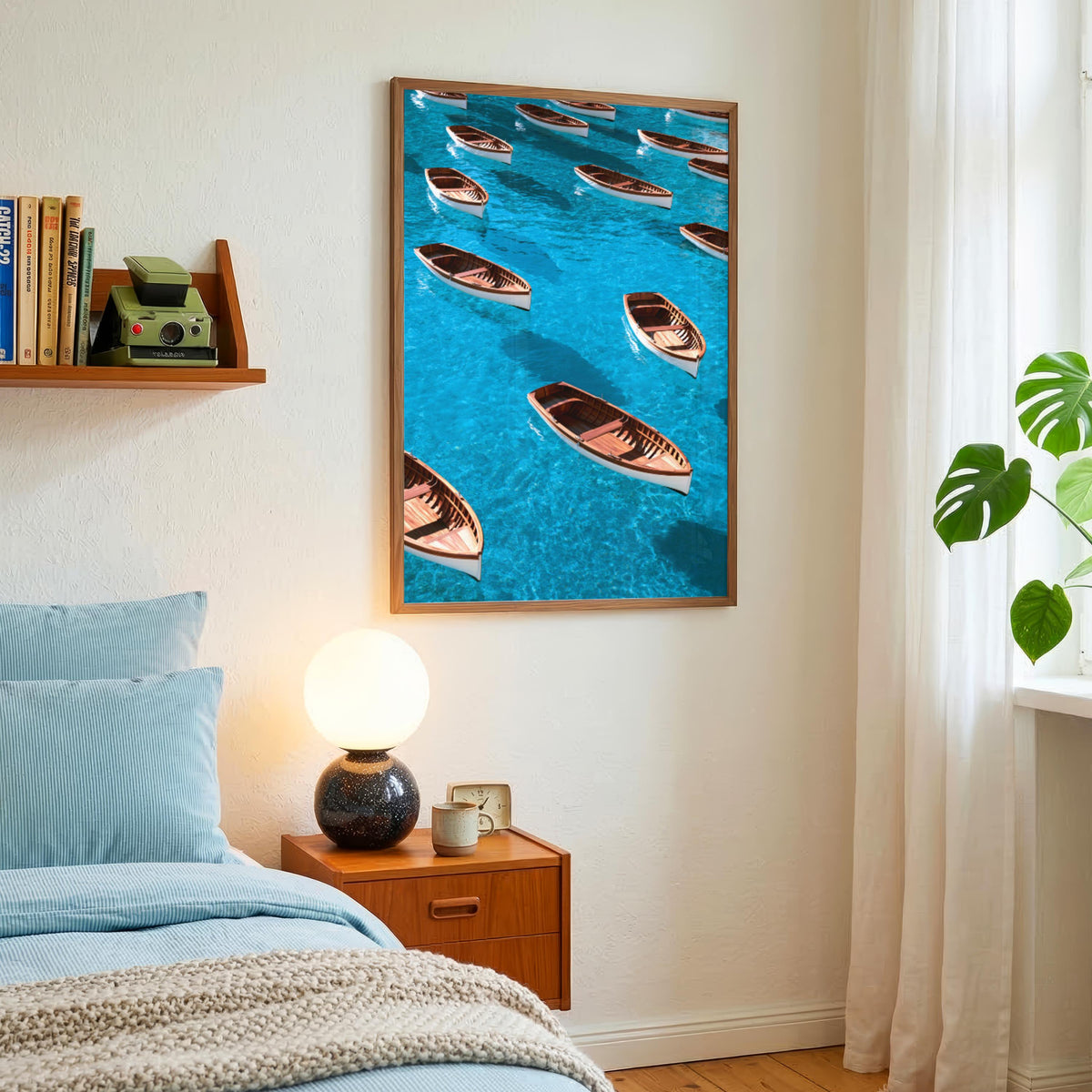 Wooden Rowing Boats Pattern Poster, Turquoise Ocean Wall Art Print