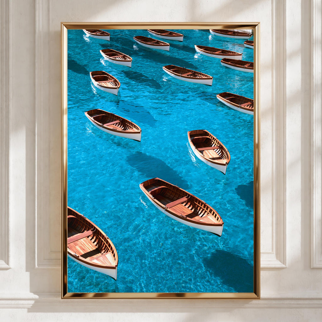 Wooden Rowing Boats Pattern Poster, Turquoise Ocean Wall Art Print