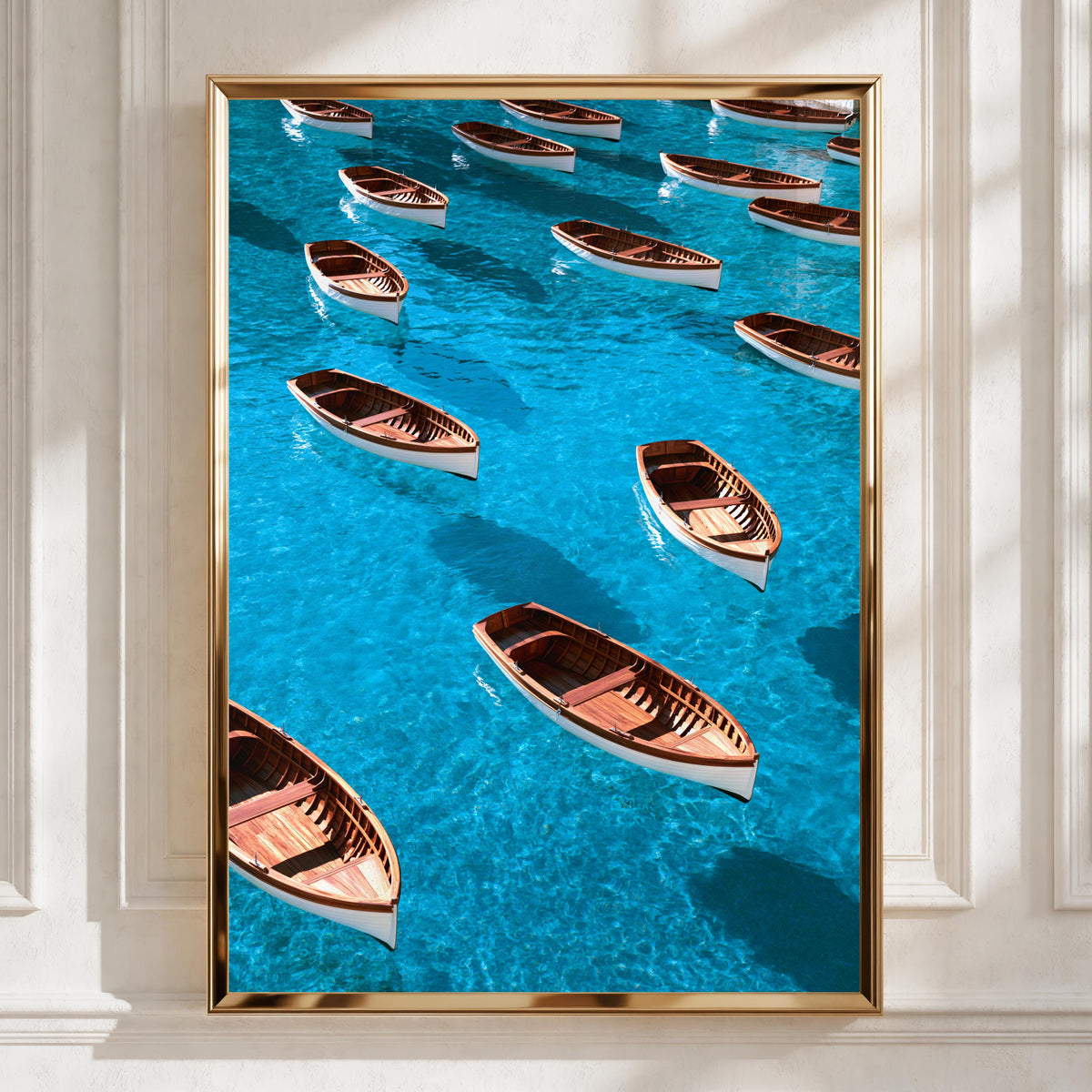 Wooden Rowing Boats Pattern Poster, Turquoise Ocean Wall Art Print