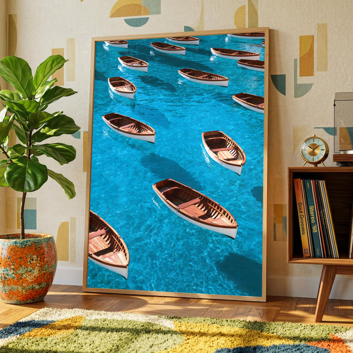 Wooden Rowing Boats Pattern Poster, Turquoise Ocean Wall Art Print