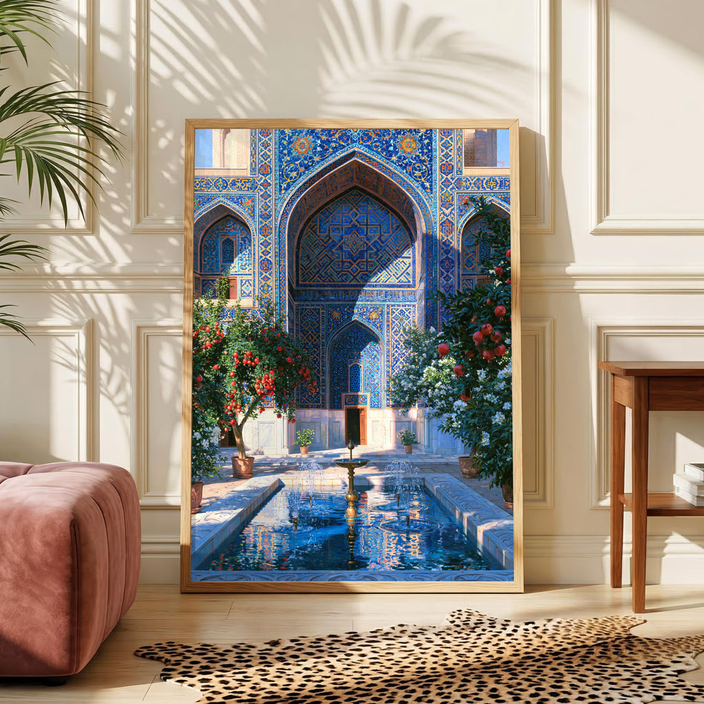 Uzbek Courtyard Poster, Islamic Architecture, Blue Tile Wall Art