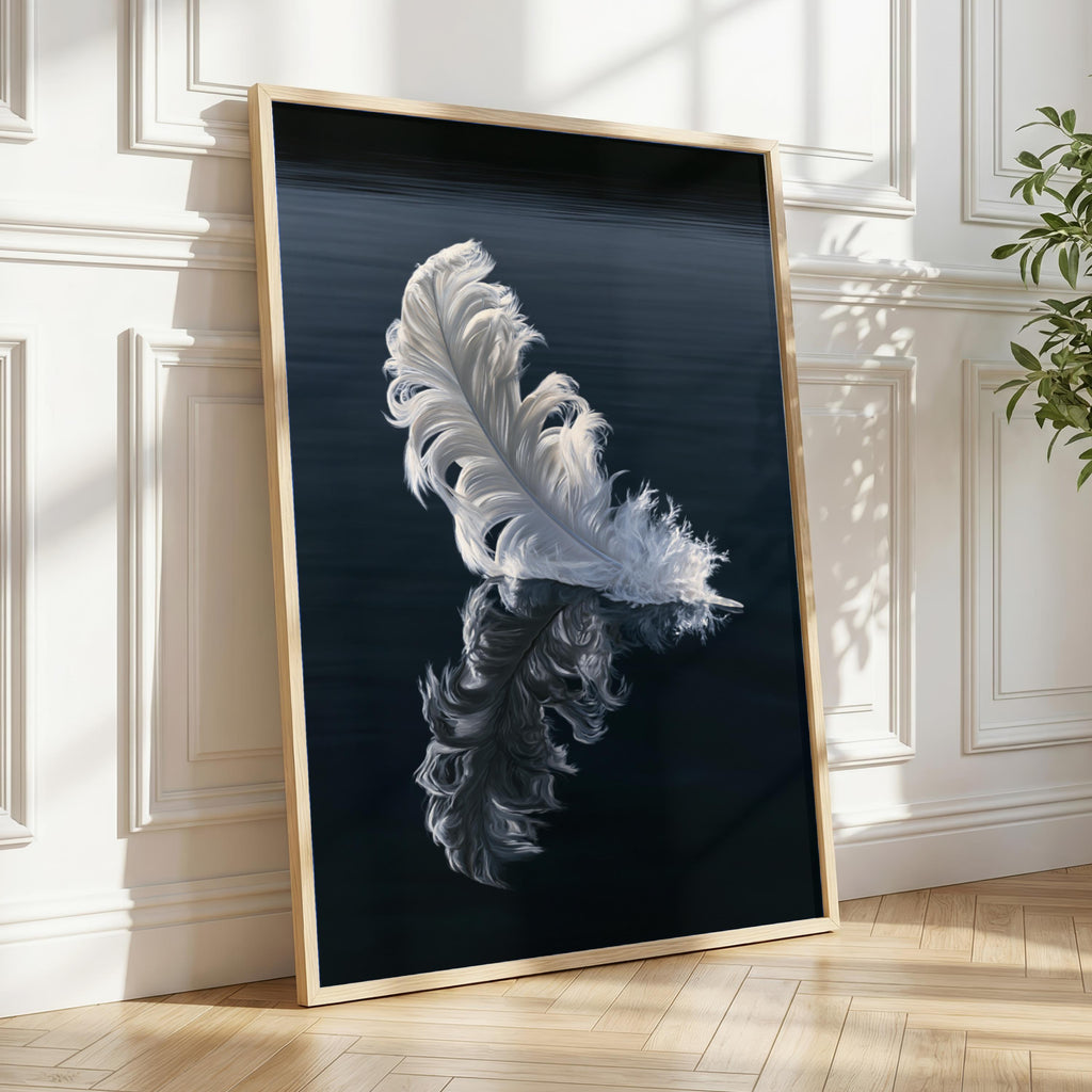 White Feather Reflection Wall Art Poster, Dark Moody Nature Print