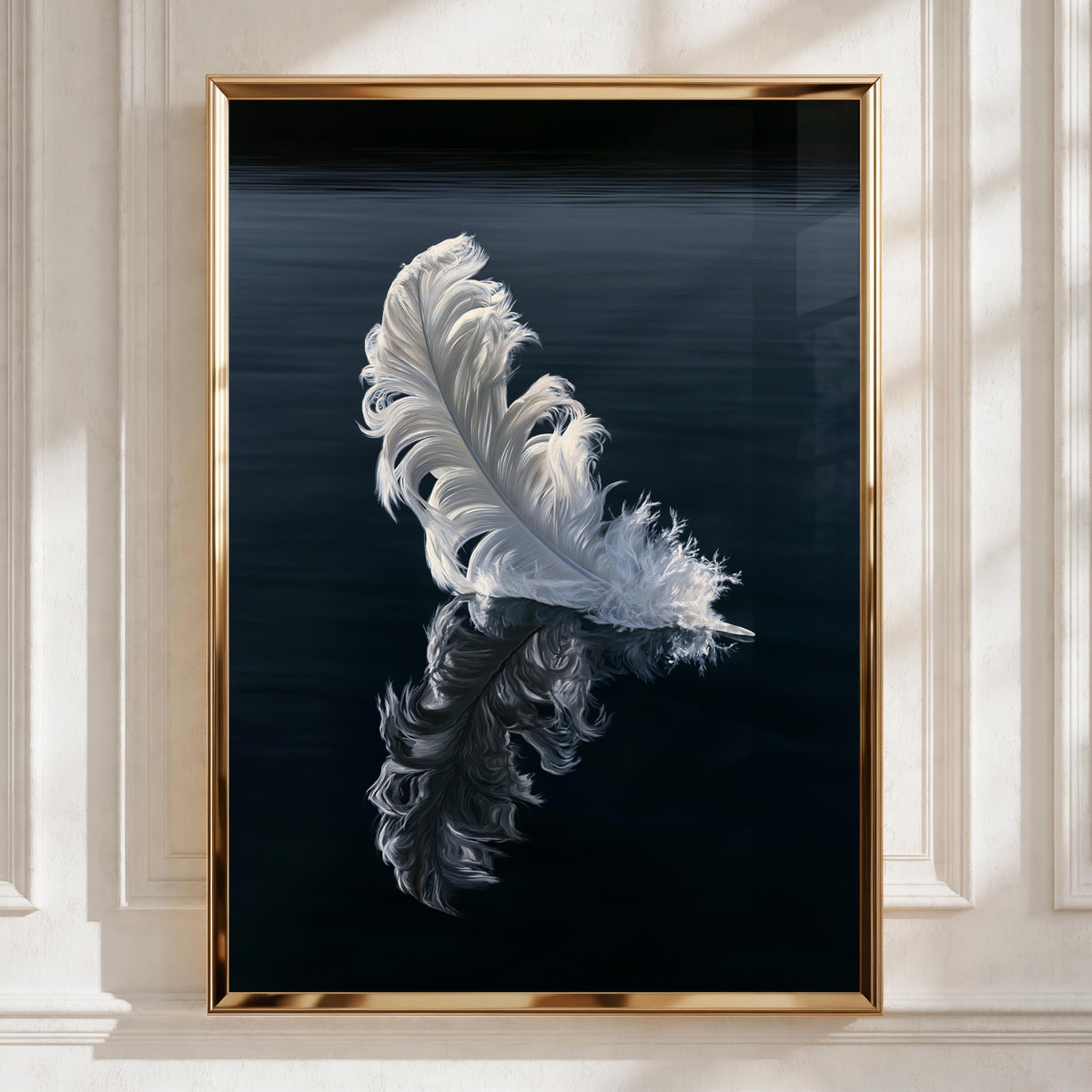 White Feather Reflection Wall Art Poster, Dark Moody Nature Print