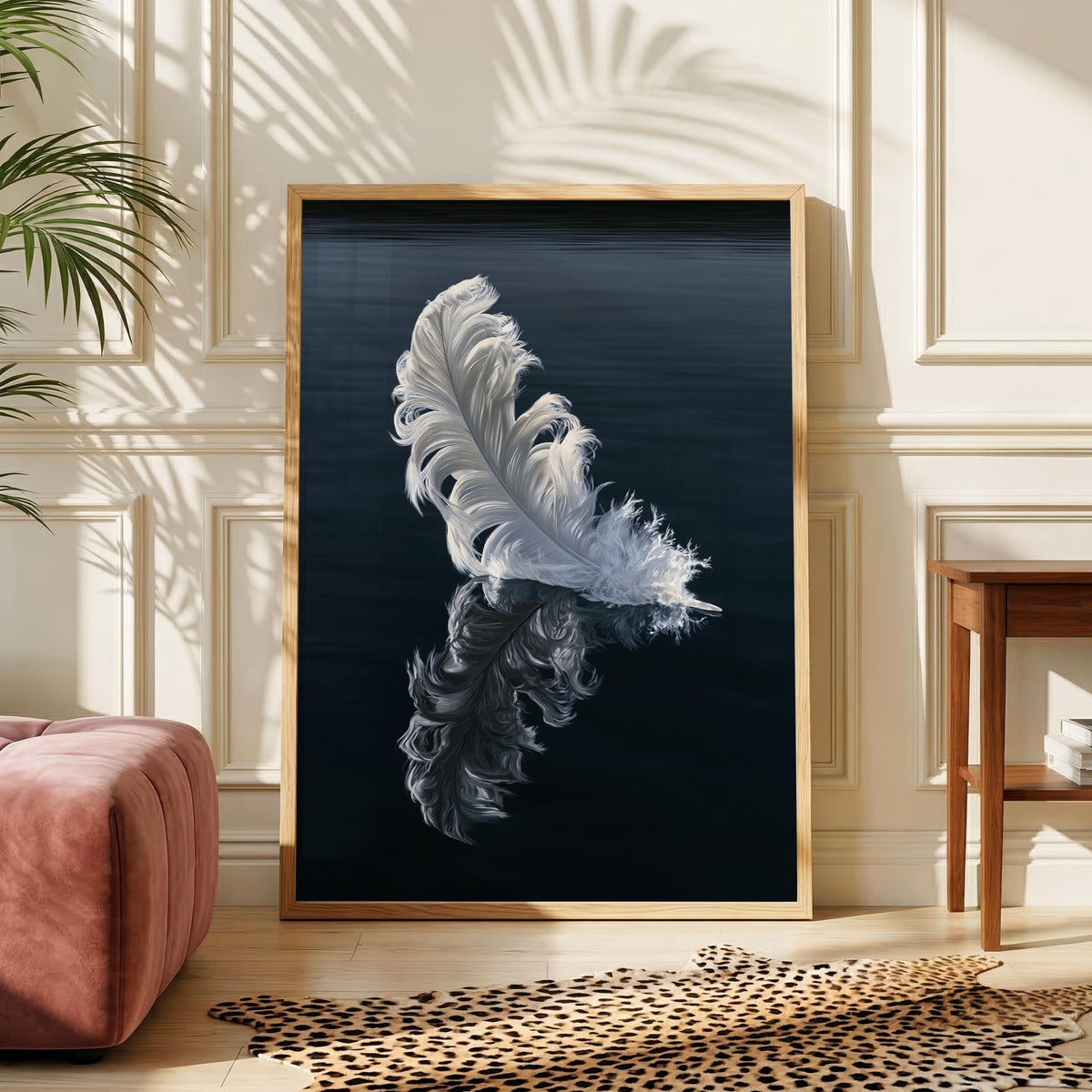 White Feather Reflection Wall Art Poster, Dark Moody Nature Print