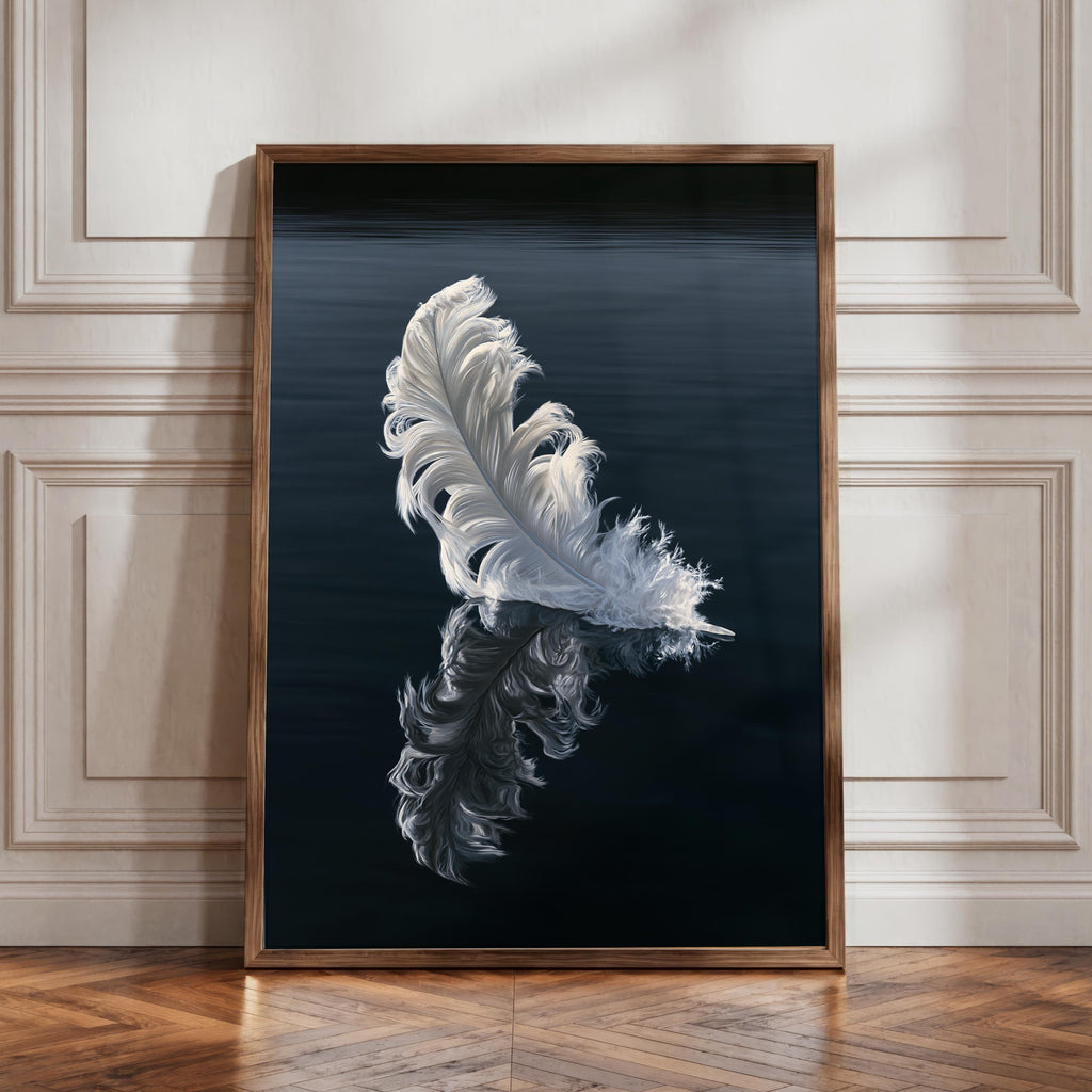 White Feather Reflection Wall Art Poster, Dark Moody Nature Print