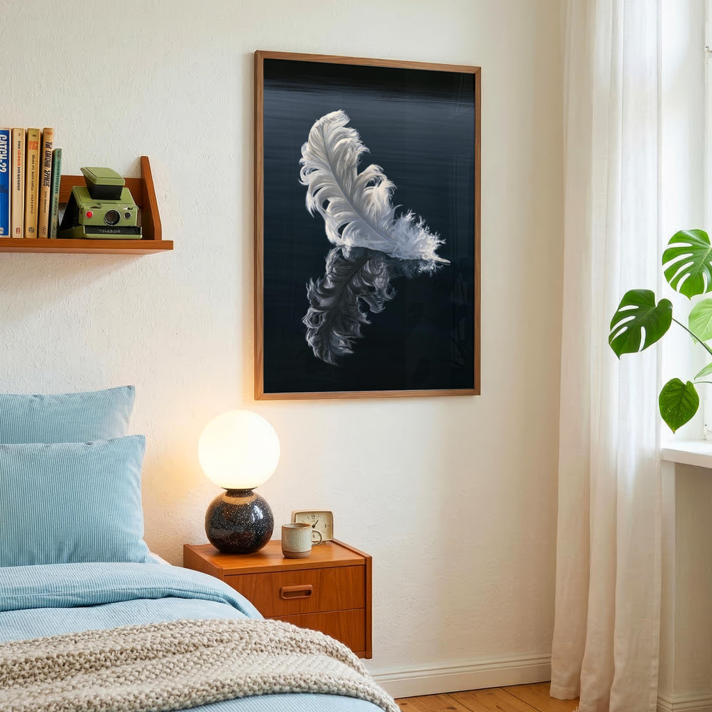 White Feather Reflection Wall Art Poster, Dark Moody Nature Print