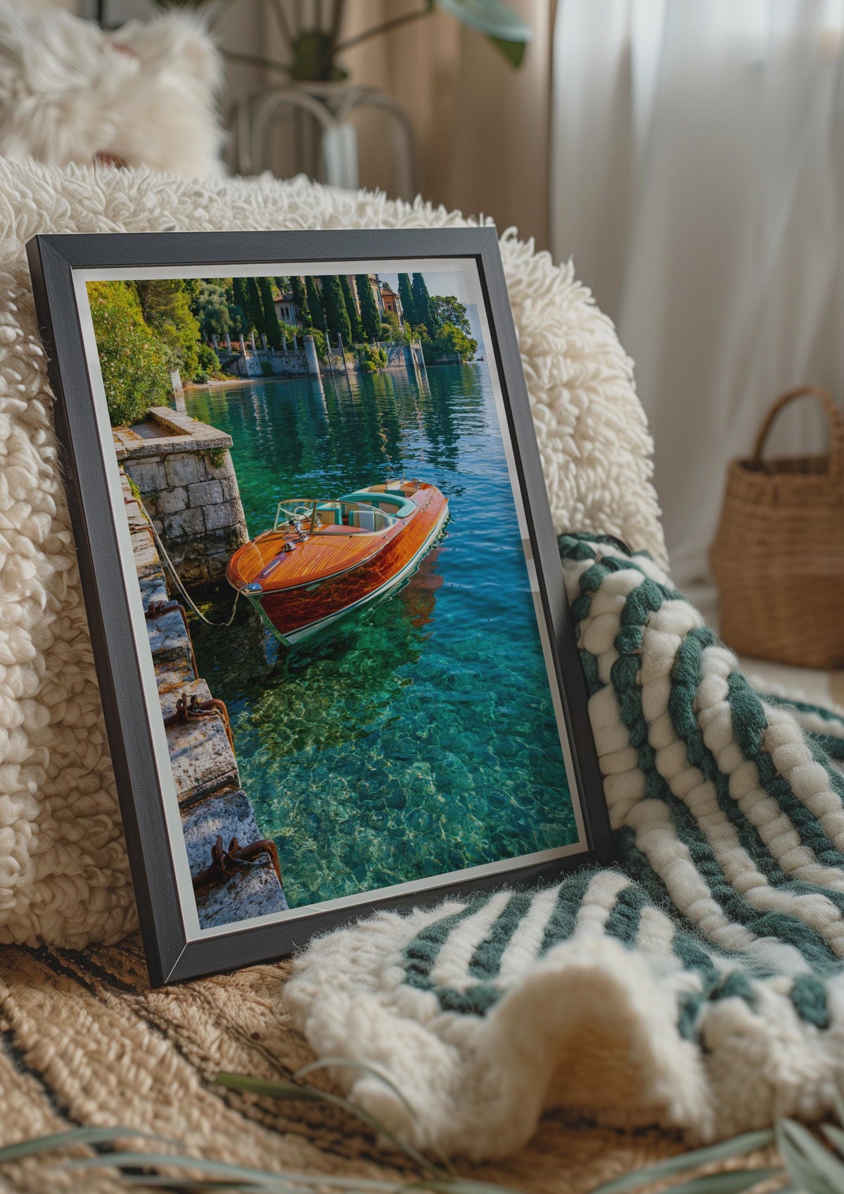 Luxury Wooden Speedboat Lake Como Italy, Wall Art Poster, Vintage Style