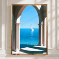 Sailboat Through Stone Arches Poster, Mediterranean Sea Wall Art, Minimalist Print