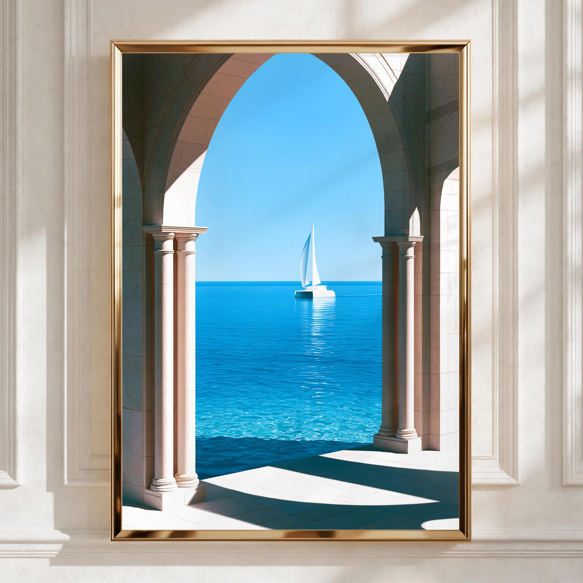 Sailboat Through Stone Arches Poster, Mediterranean Sea Wall Art, Minimalist Print