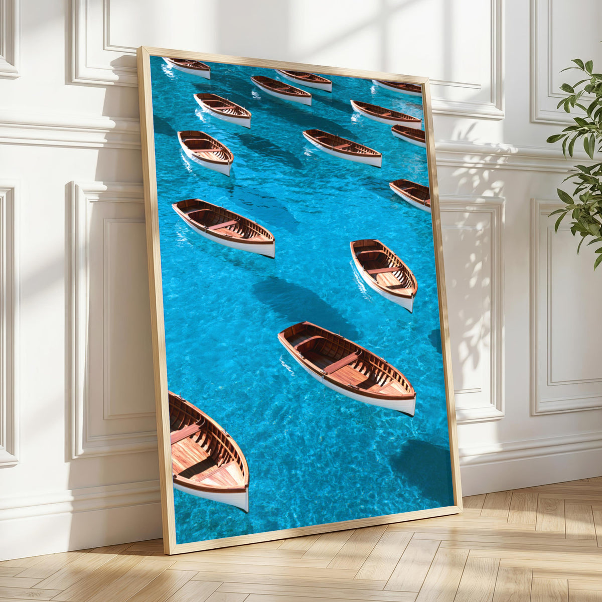 Wooden Rowing Boats Pattern Poster, Turquoise Ocean Wall Art Print