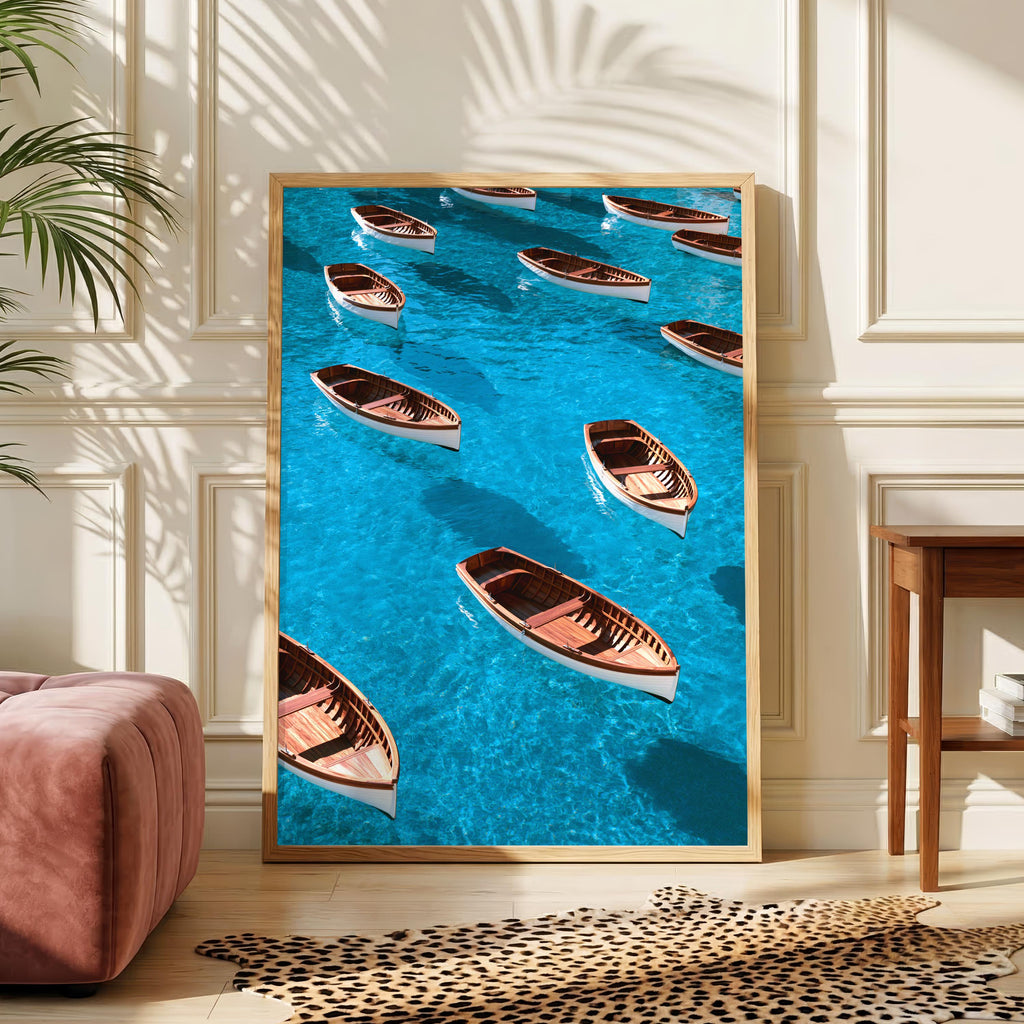 Wooden Rowing Boats Pattern Poster, Turquoise Ocean Wall Art Print