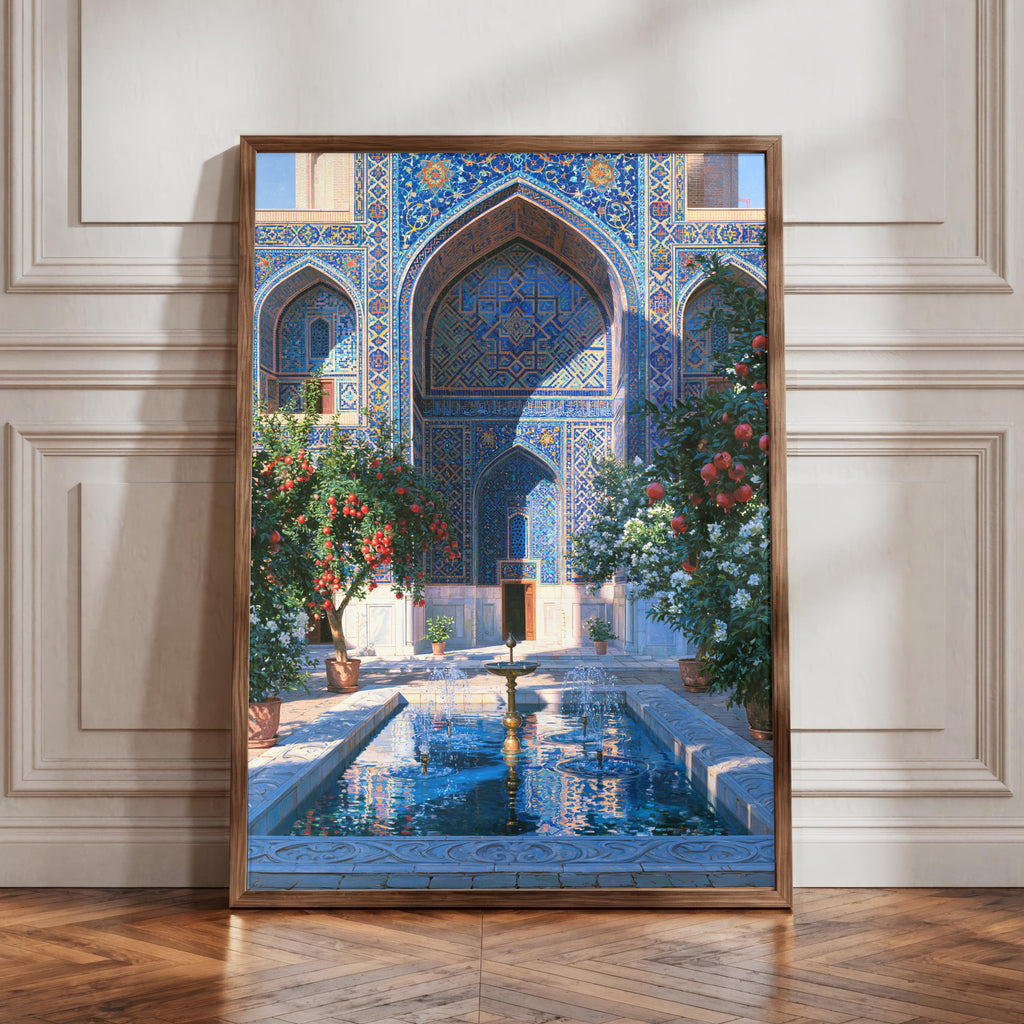 Uzbek Courtyard Poster, Islamic Architecture, Blue Tile Wall Art