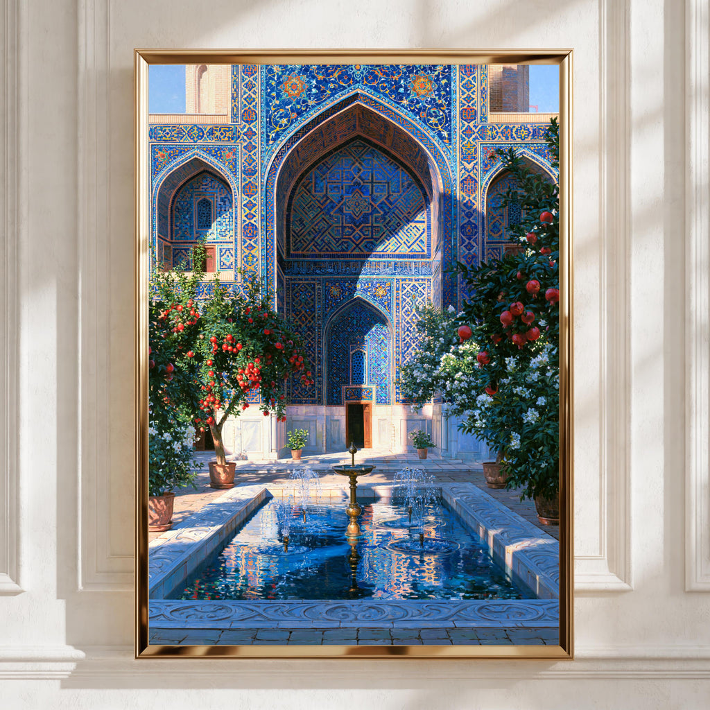 Uzbek Courtyard Poster, Islamic Architecture, Blue Tile Wall Art