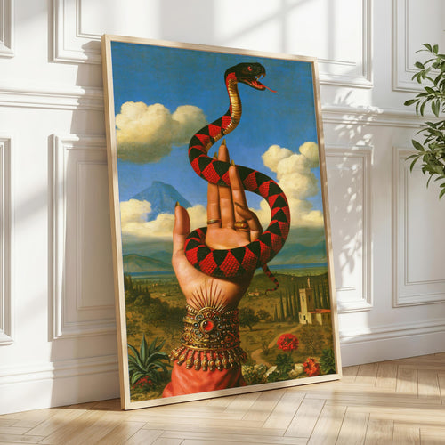 Surrealist Snake and Hand Print, Vintage Renaissance Landscape Wall Art, Mystical Serpent Poster