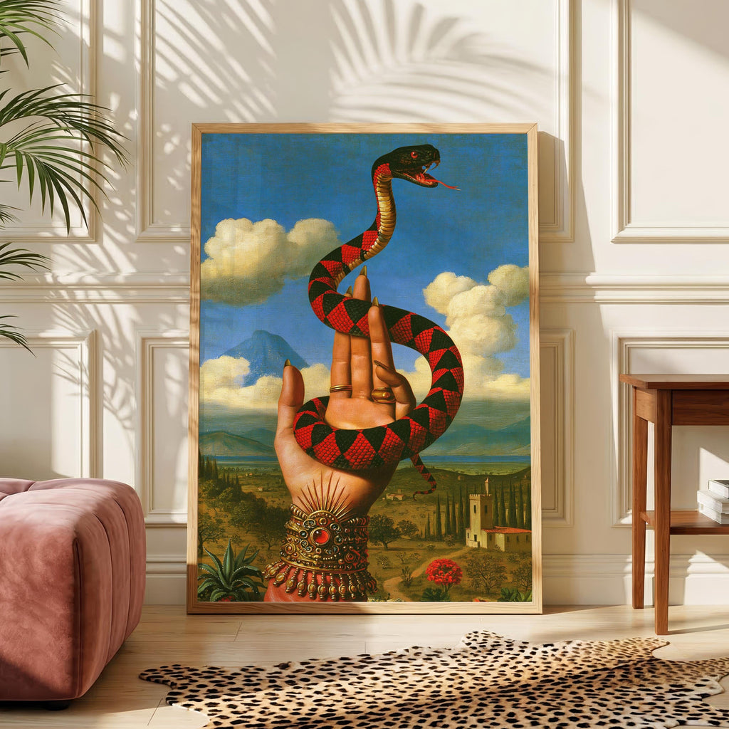 Surrealist Snake and Hand Print, Vintage Renaissance Landscape Wall Art, Mystical Serpent Poster