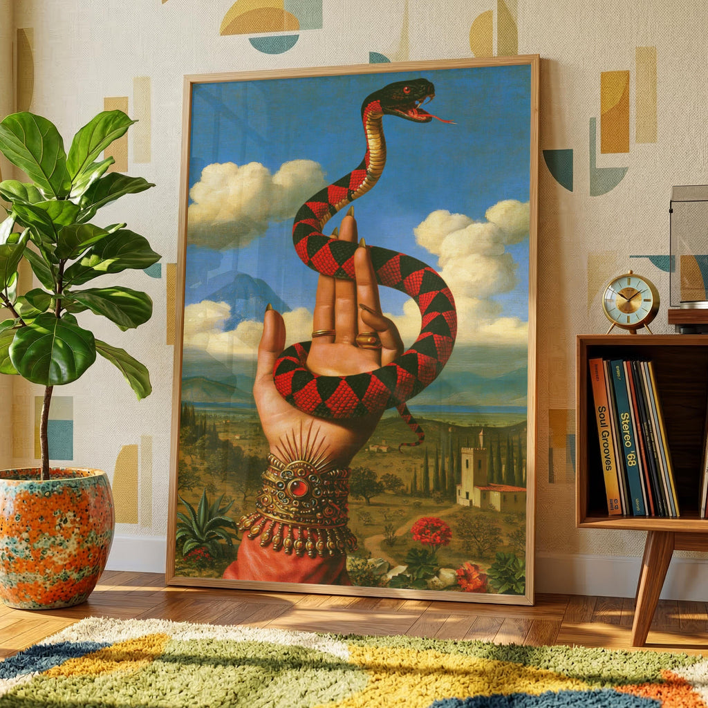 Surrealist Snake and Hand Print, Vintage Renaissance Landscape Wall Art, Mystical Serpent Poster