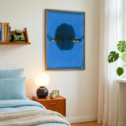Abstract Blue Face  Print, Piercing Eyes Portrait Wall Art, Surreal Cobalt Monochromatic Poster