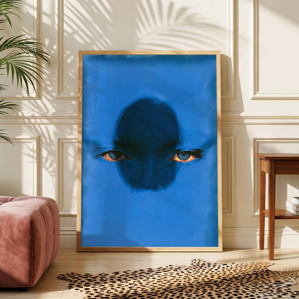 Abstract Blue Face  Print, Piercing Eyes Portrait Wall Art, Surreal Cobalt Monochromatic Poster