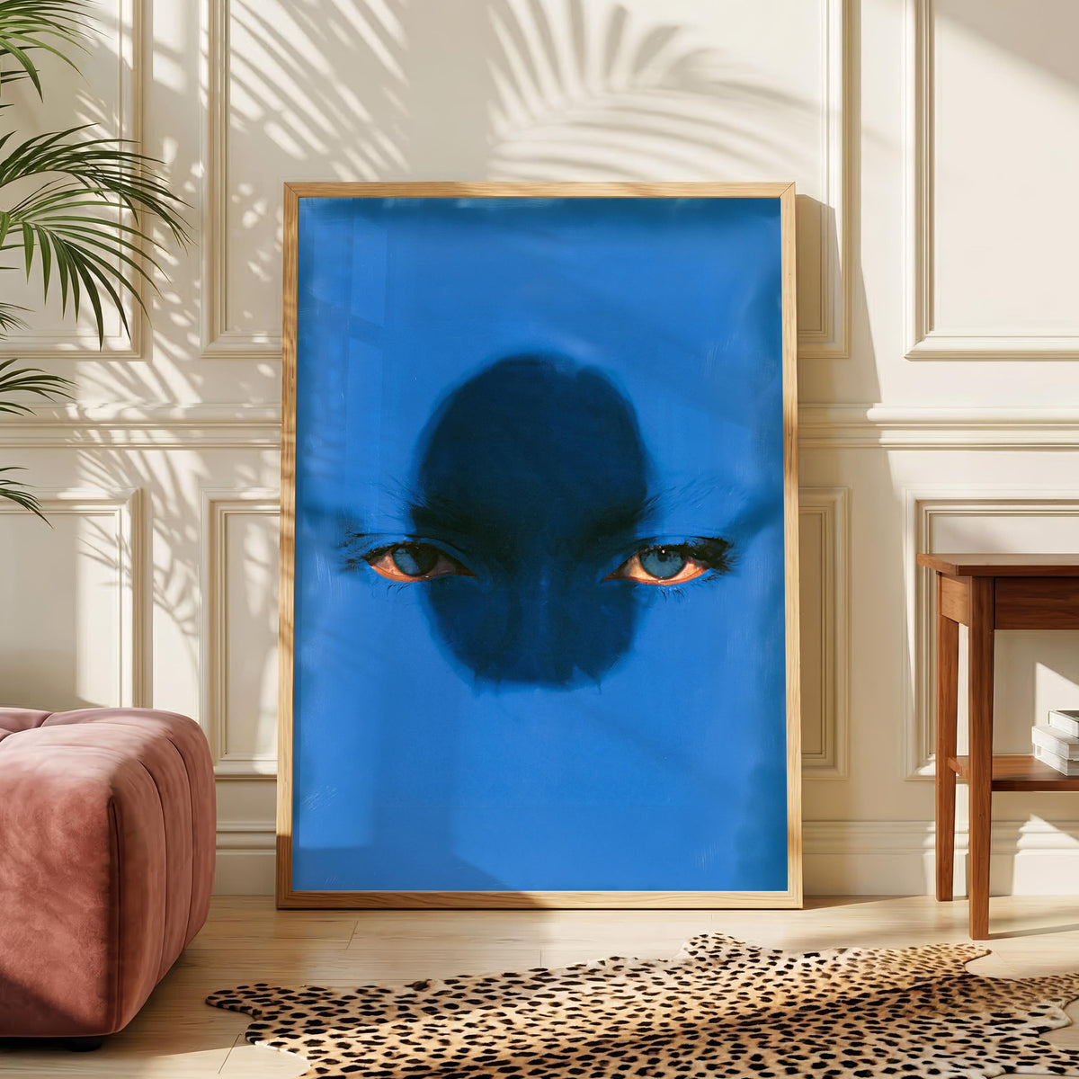 Abstract Blue Face  Print, Piercing Eyes Portrait Wall Art, Surreal Cobalt Monochromatic Poster
