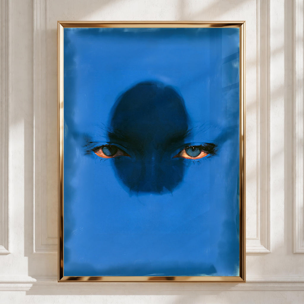 Abstract Blue Face  Print, Piercing Eyes Portrait Wall Art, Surreal Cobalt Monochromatic Poster