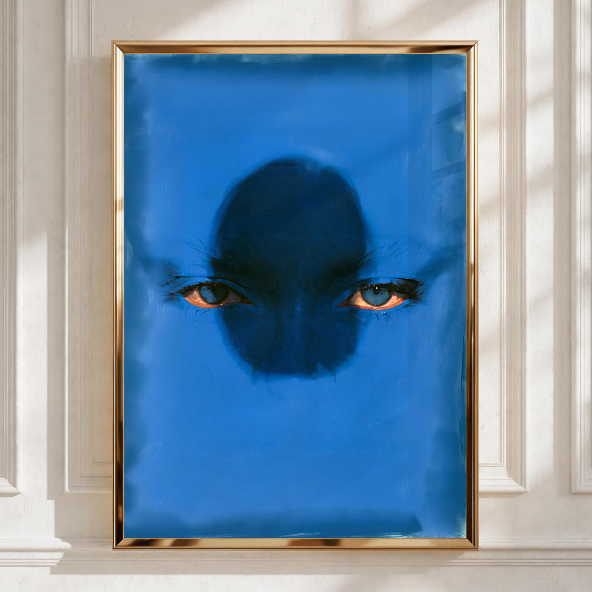 Abstract Blue Face  Print, Piercing Eyes Portrait Wall Art, Surreal Cobalt Monochromatic Poster