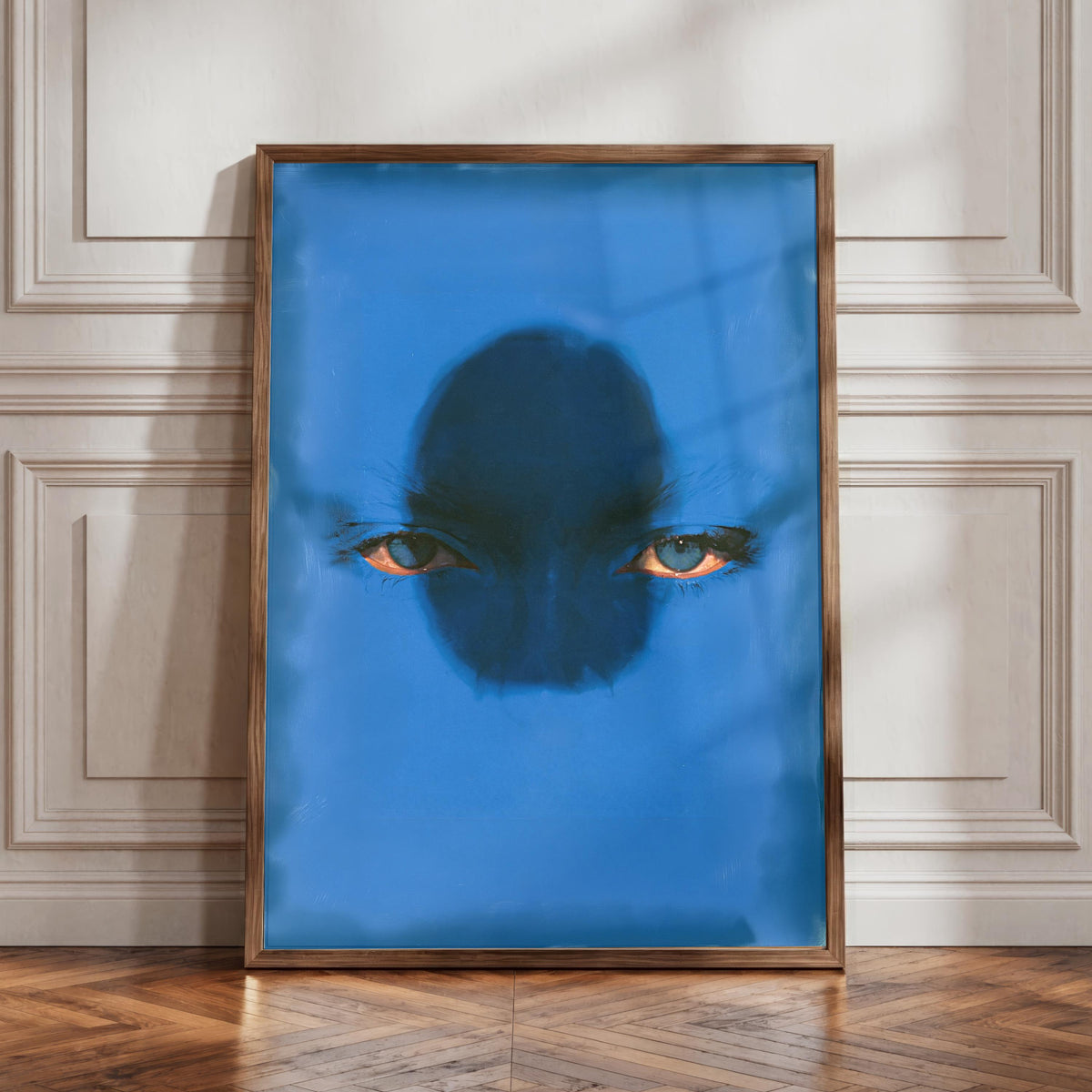 Abstract Blue Face  Print, Piercing Eyes Portrait Wall Art, Surreal Cobalt Monochromatic Poster