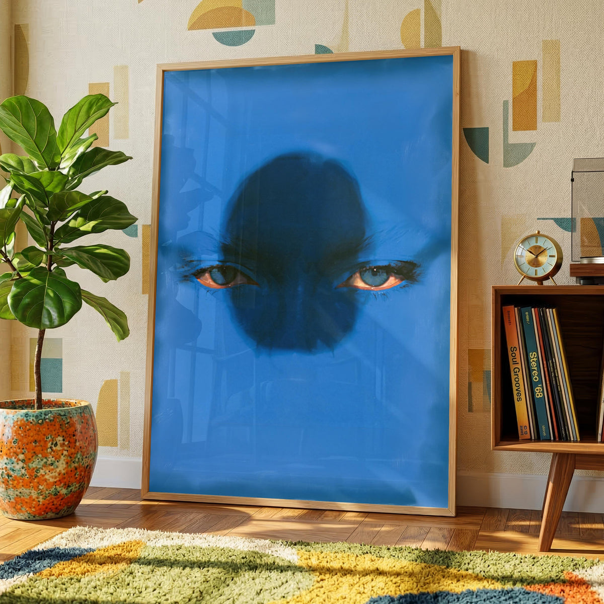 Abstract Blue Face  Print, Piercing Eyes Portrait Wall Art, Surreal Cobalt Monochromatic Poster