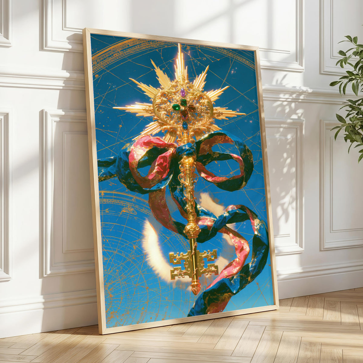 Ornate Gold Key Print, Celestial Key Wall Art, Mystical Baroque Decor