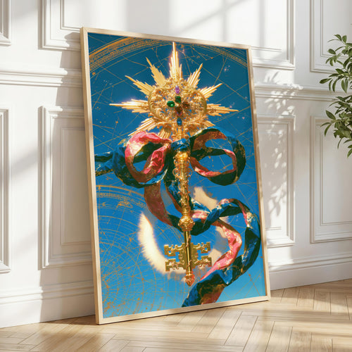Ornate Gold Key Print, Celestial Key Wall Art, Mystical Baroque Decor