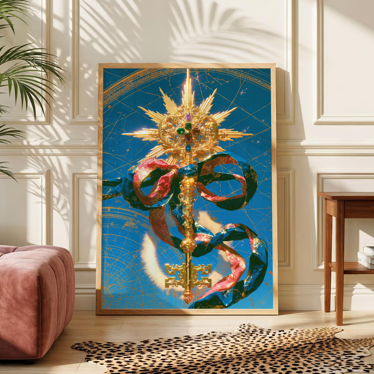 Ornate Gold Key Print, Celestial Key Wall Art, Mystical Baroque Decor