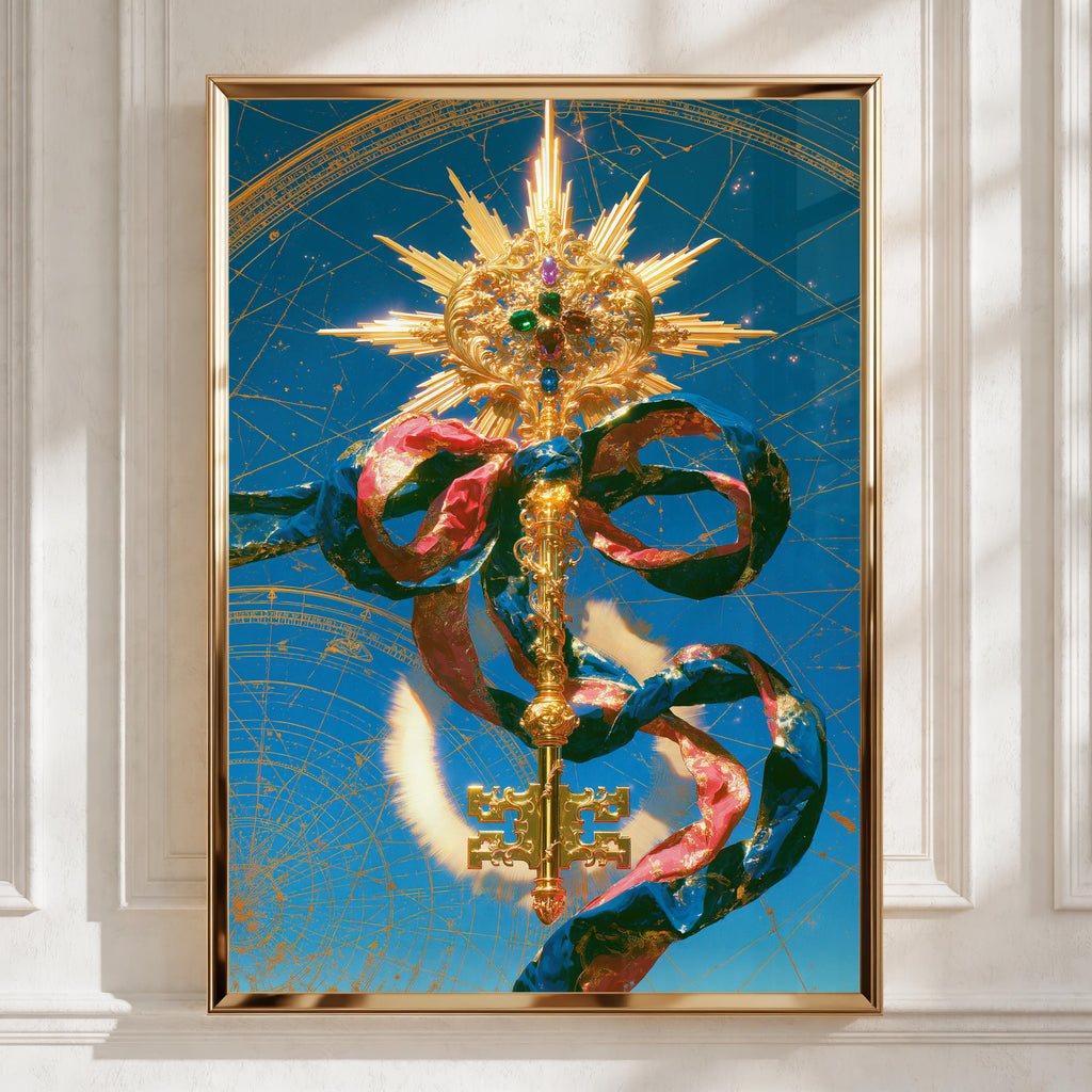 Ornate Gold Key Print, Celestial Key Wall Art, Mystical Baroque Decor