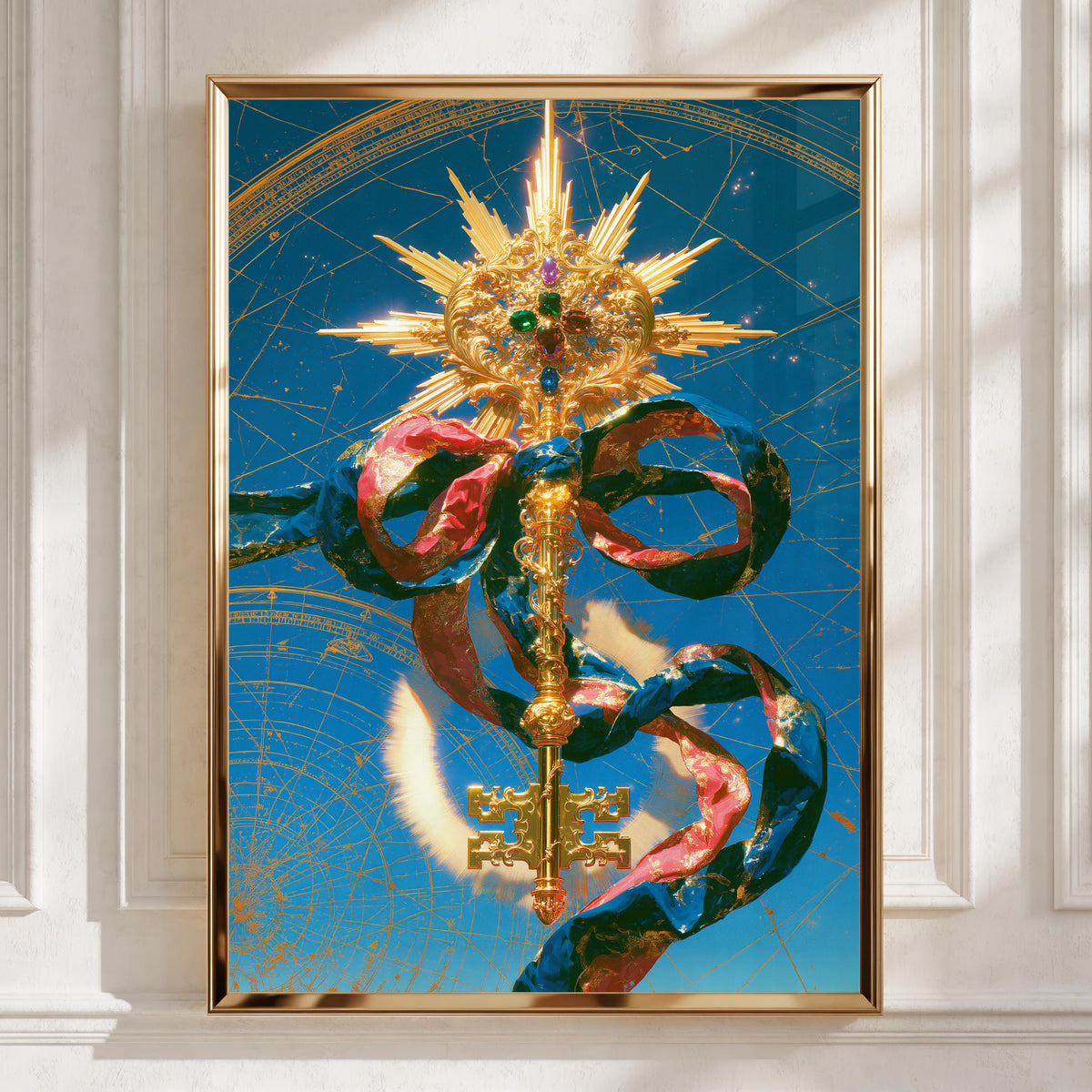 Ornate Gold Key Print, Celestial Key Wall Art, Mystical Baroque Decor