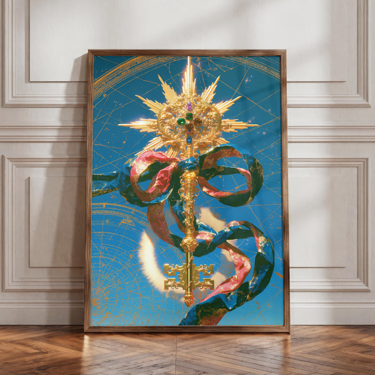 Ornate Gold Key Print, Celestial Key Wall Art, Mystical Baroque Decor