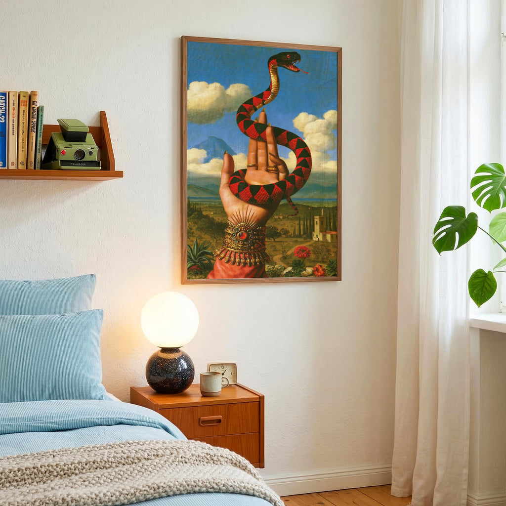 Surrealist Snake and Hand Print, Vintage Renaissance Landscape Wall Art, Mystical Serpent Poster