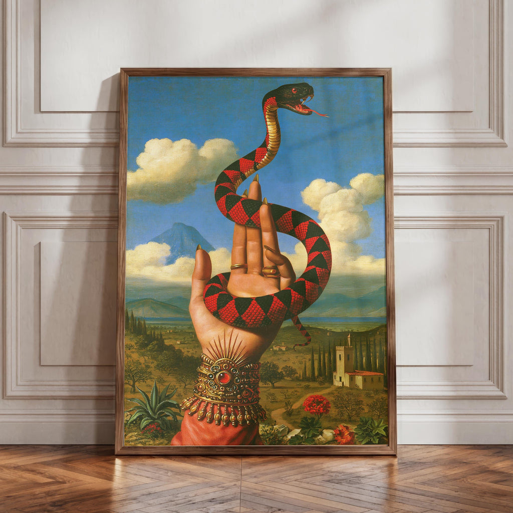 Surrealist Snake and Hand Print, Vintage Renaissance Landscape Wall Art, Mystical Serpent Poster