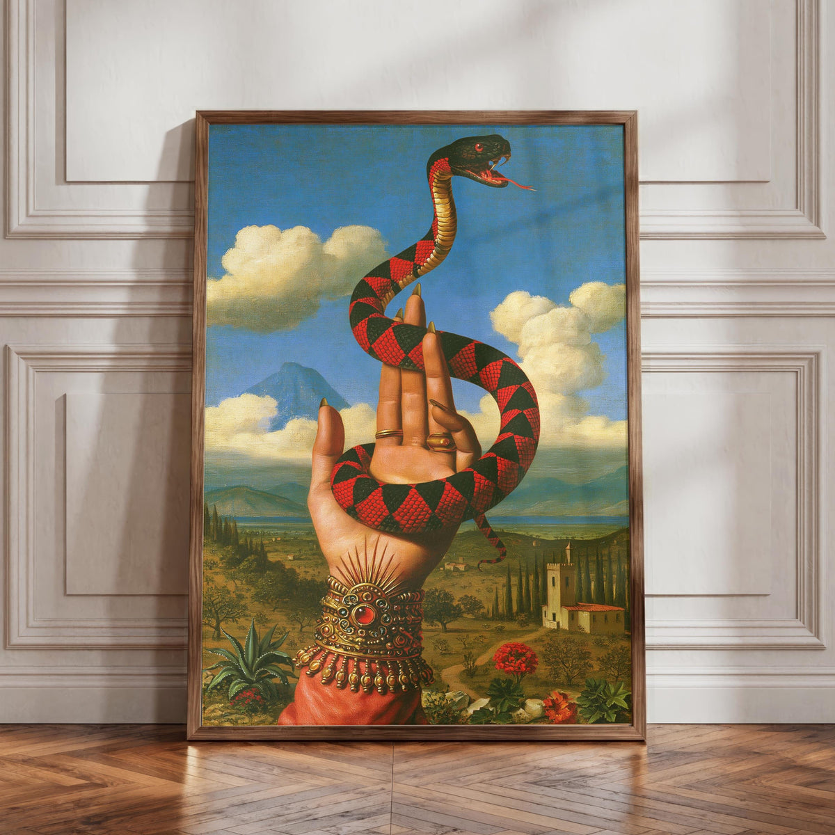 Surrealist Snake and Hand Print, Vintage Renaissance Landscape Wall Art, Mystical Serpent Poster