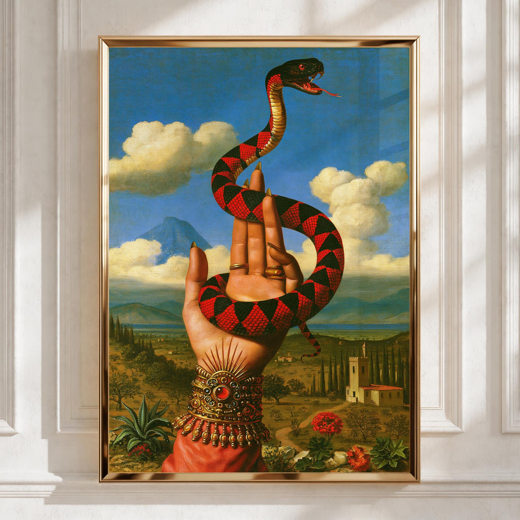 Surrealist Snake and Hand Print, Vintage Renaissance Landscape Wall Art, Mystical Serpent Poster
