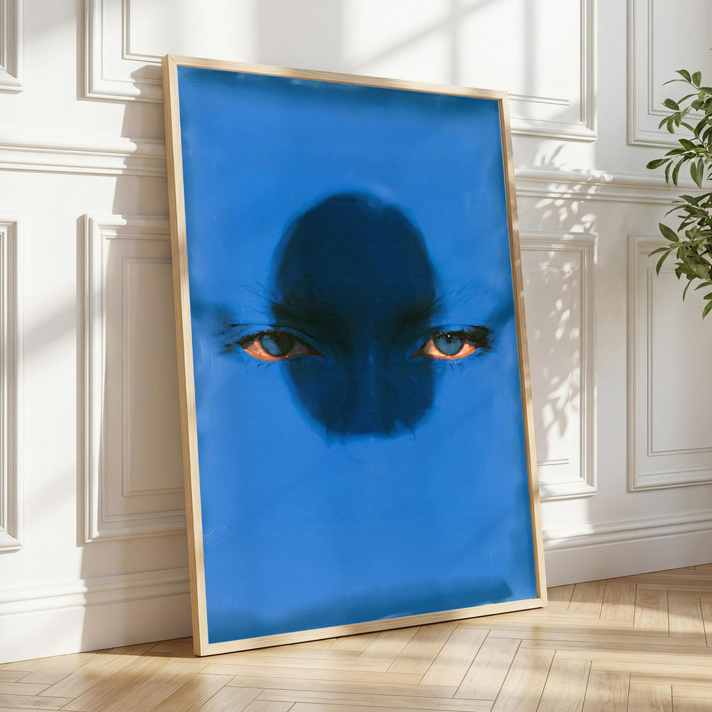 Abstract Blue Face  Print, Piercing Eyes Portrait Wall Art, Surreal Cobalt Monochromatic Poster