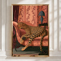 Leopard lounging in elegant setting, wall art print, luxury home decor, animal art