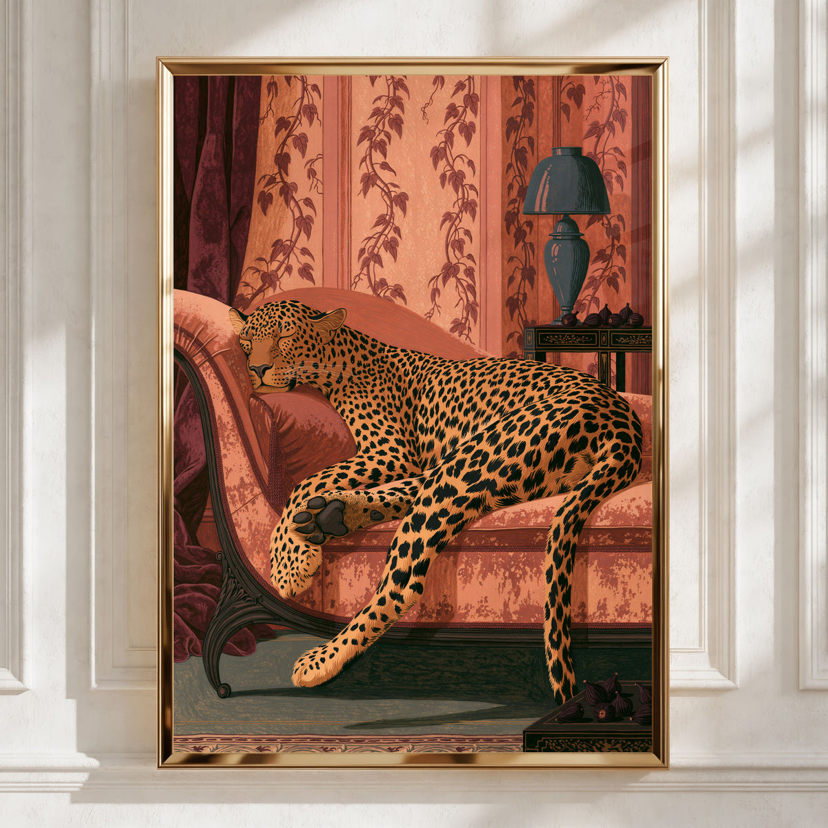 Leopard lounging in elegant setting, wall art print, luxury home decor, animal art
