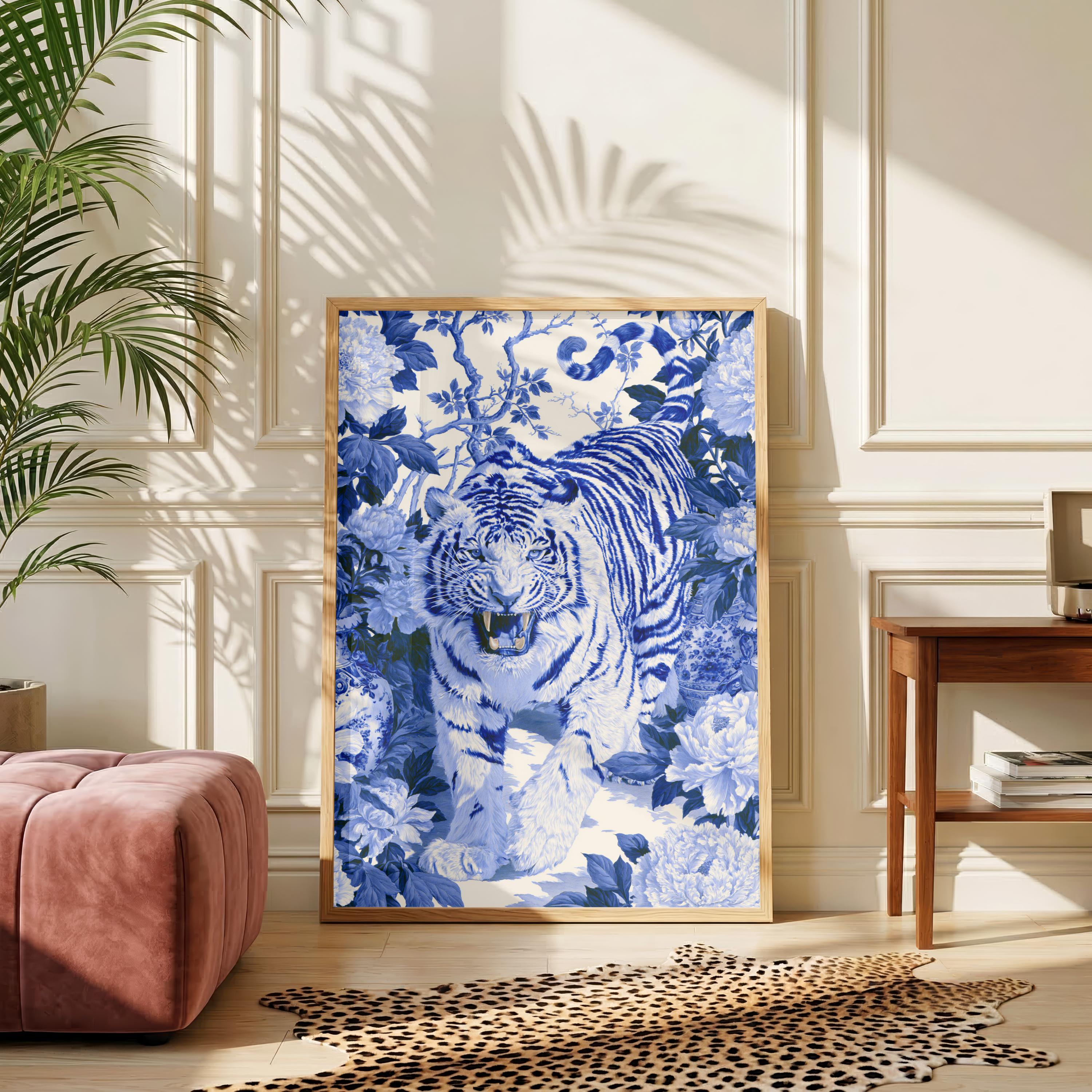 Blue Tiger Wall Art, Chinoiserie Animal Print, Botanical Illustration, Blue White Decor