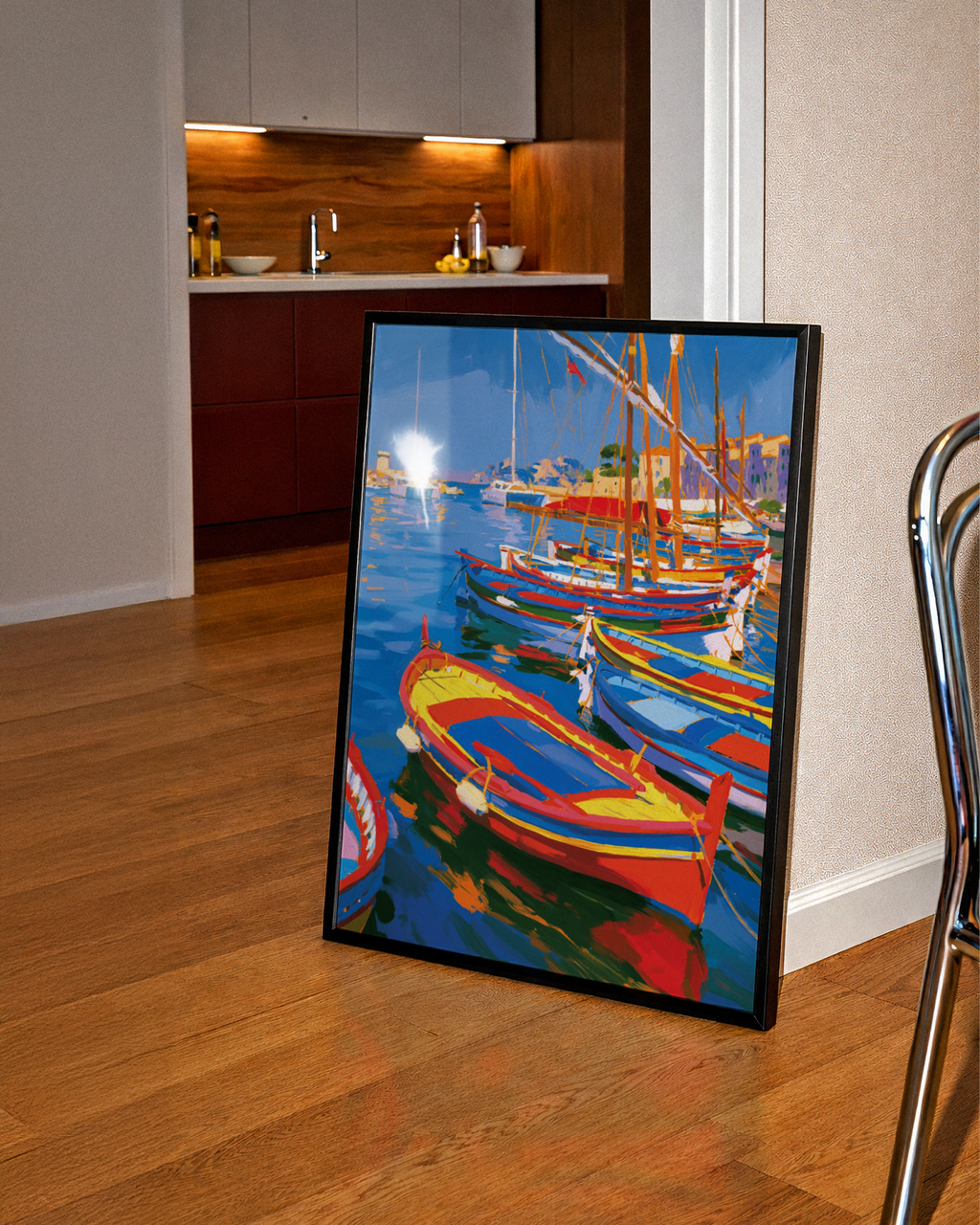 Colourful Boats Harbour Poster, Mediterranean Sailing Art Print, Bold Coastal Wall Art
