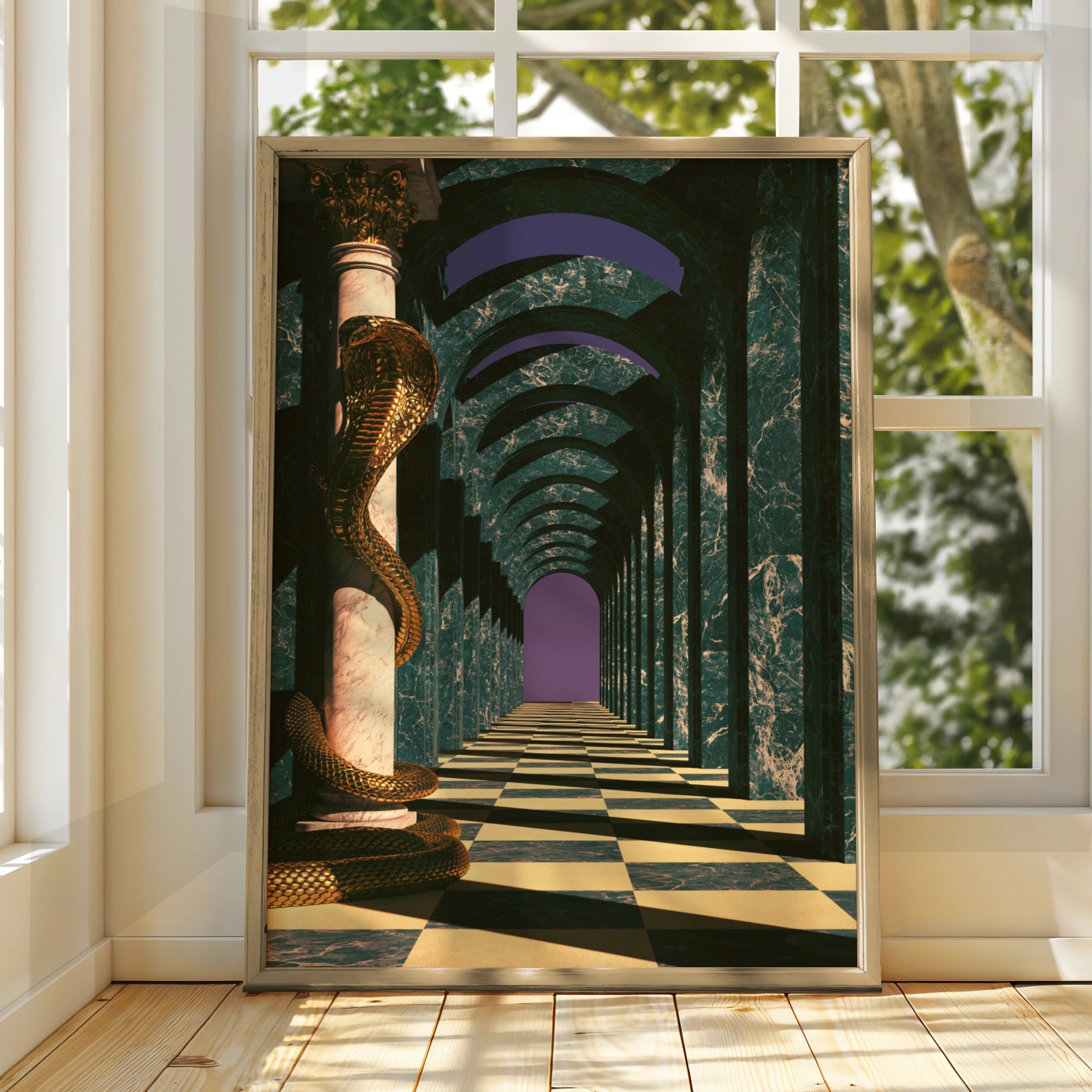 Golden Cobra Marble Hallway Poster, Surreal Architecture Art Print, Green Purple