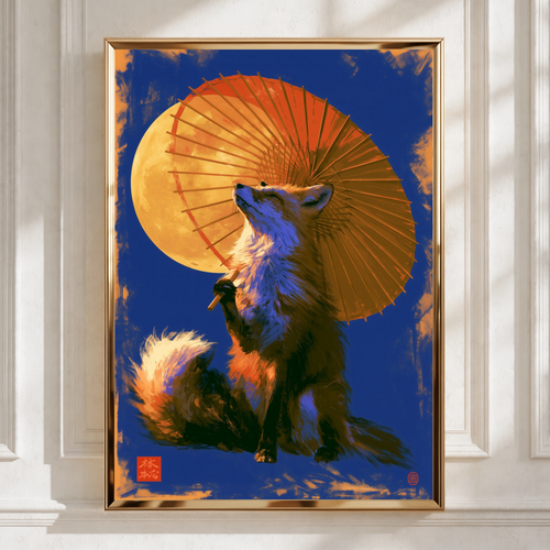 Japanese Fox Umbrella Moon Poster, Kitsune Art Print, Bold Blue Orange
