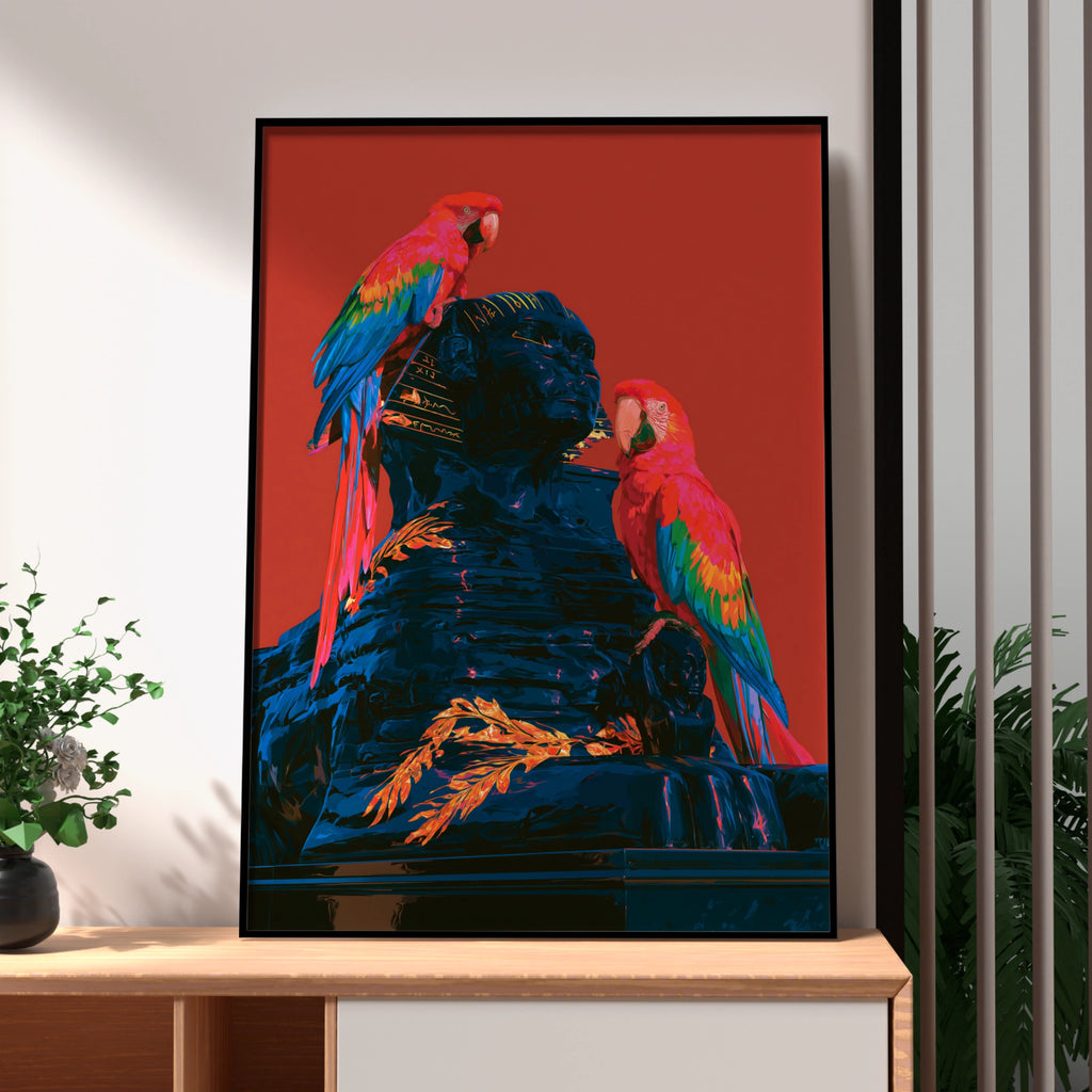 Parrots on Sphinx Statue Wall Art Poster, Bold Red Tropical Bird Print